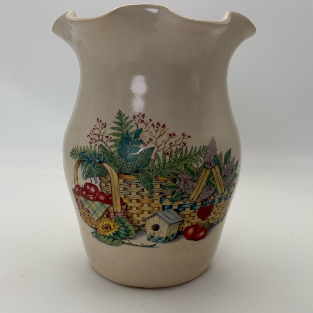 Vintage Country Cottage Stoneware Vase with Fluted Opening
